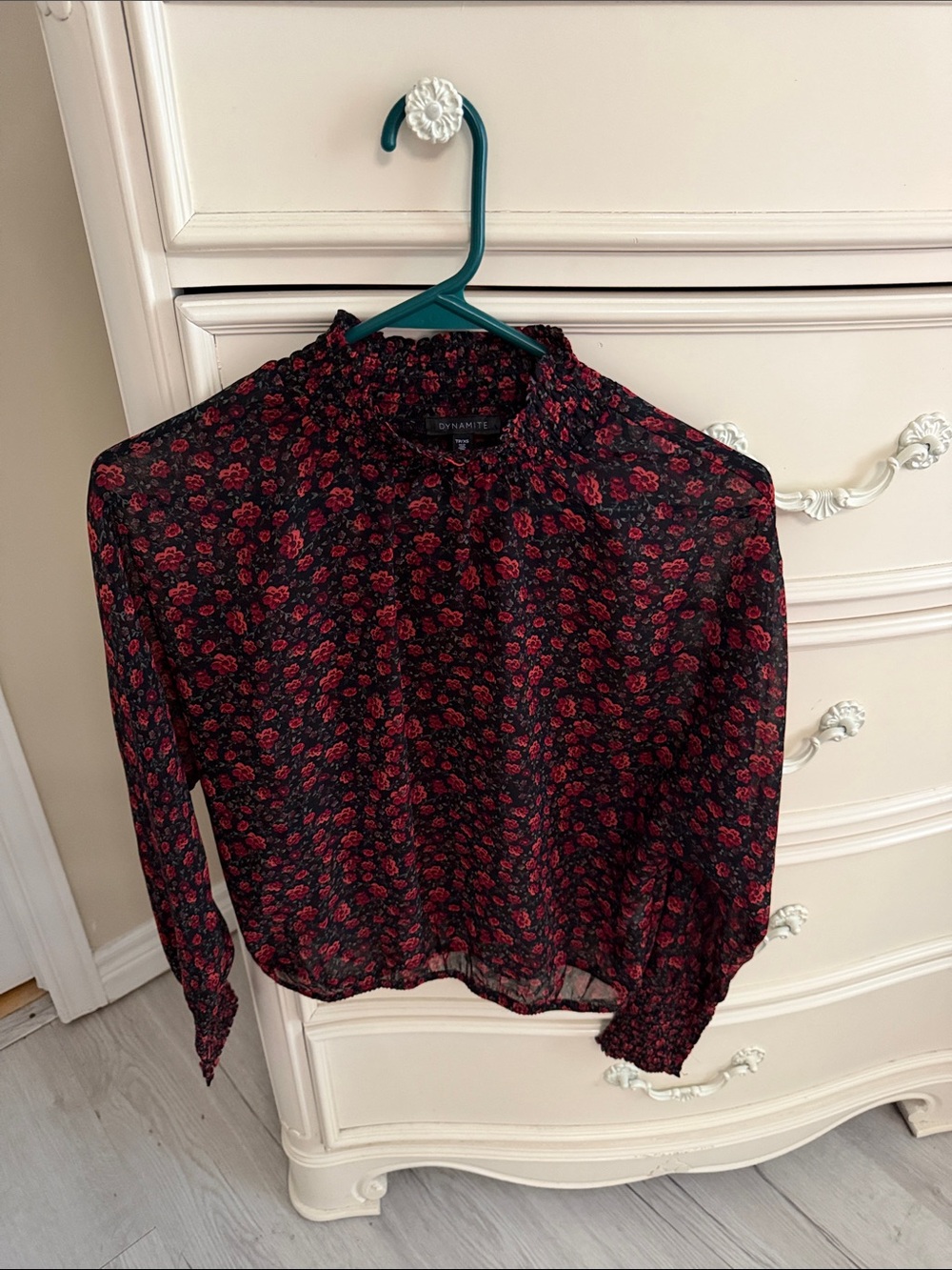 Dynamite Black Blouse with Red Floral Print